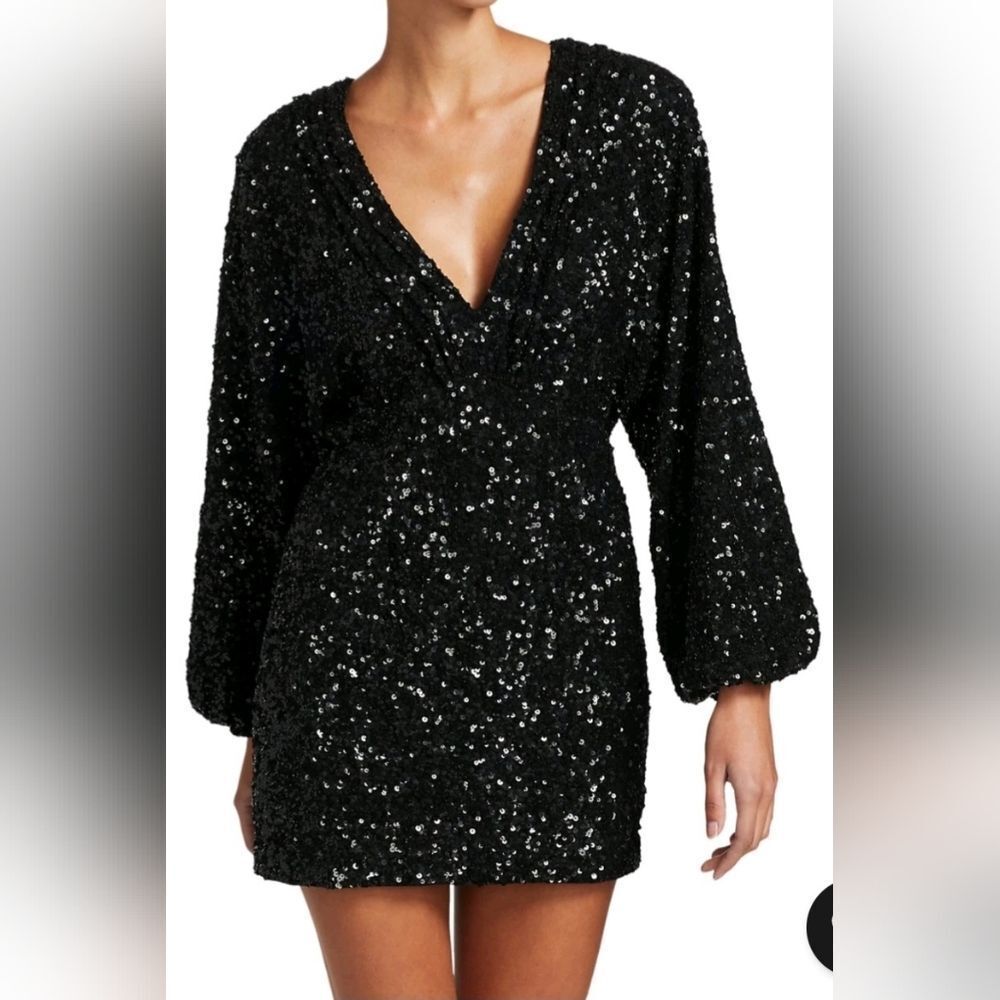 Retrofete Aubrielle Sequin Mini Dress XS Black Chiffon Puff Sleeve Party Prom
